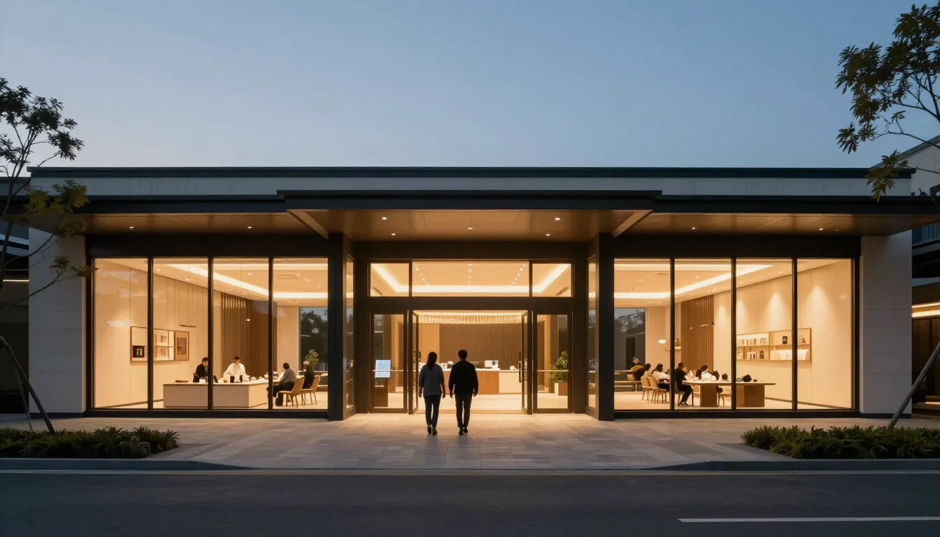 A desirable modern commercial destination at twilight with people approaching the entrance