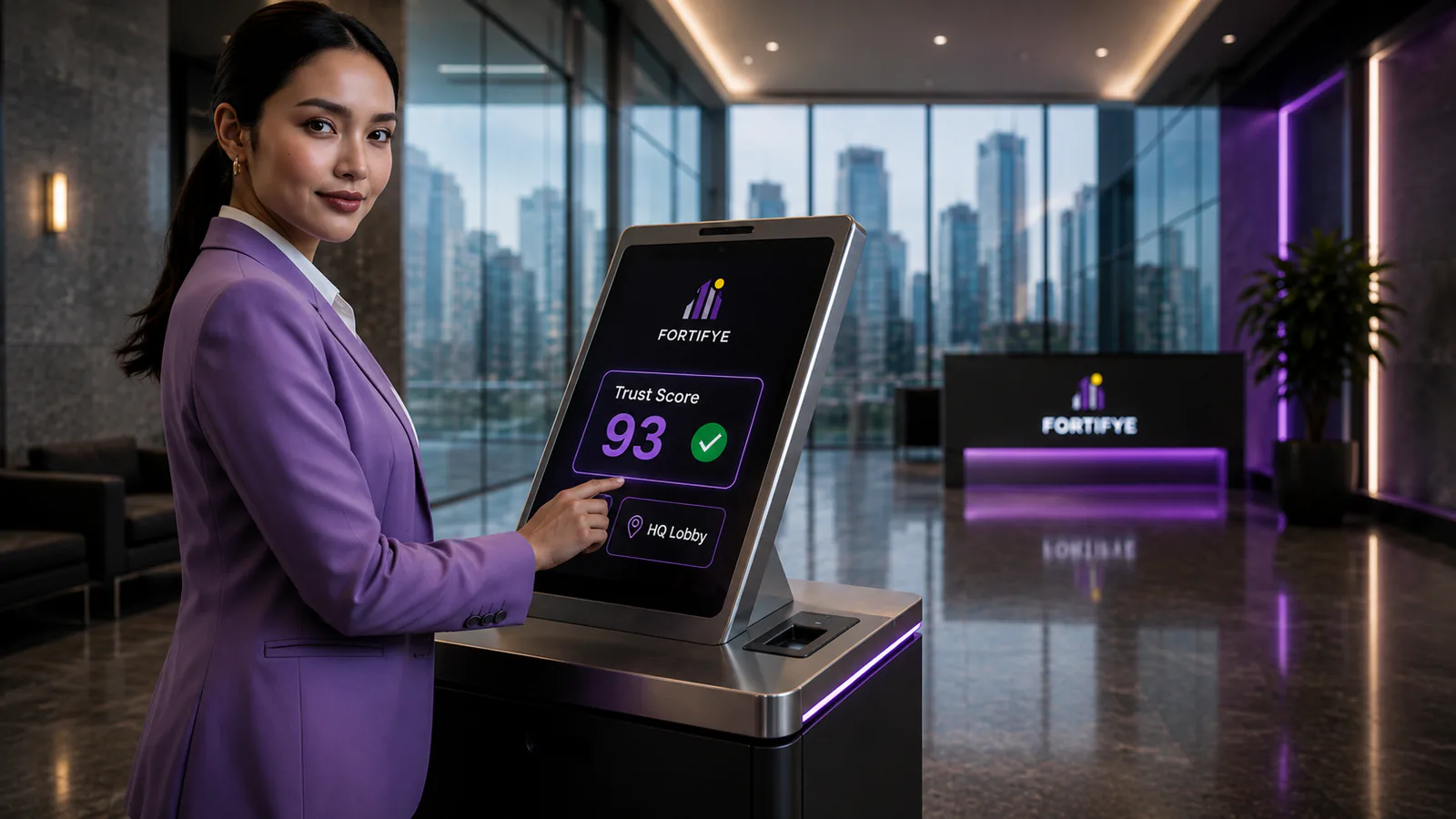 Professional Fortifye platform demo showing a woman in purple blazer displaying Trust Score 93 on a tablet device in a modern high-rise office with city skyline view