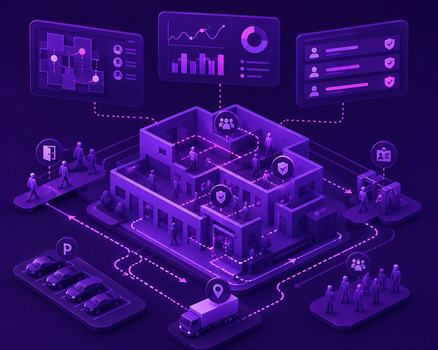 Purple 3D isometric illustration of facility movement coordination, flow optimization, and operational management
