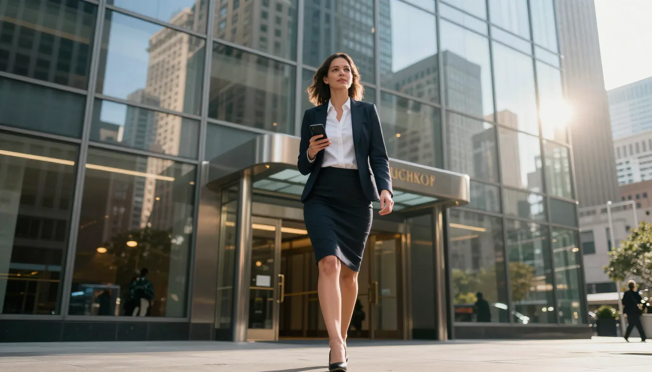 A confident professional approaching a premium Class A office tower entrance with phone in hand